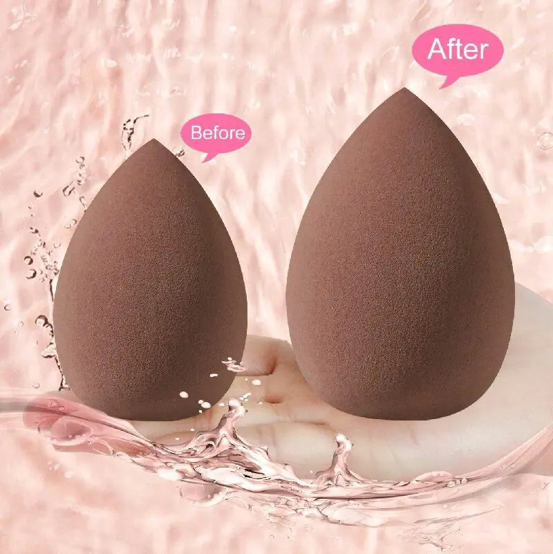 Before and after comparison of a beauty sponge set showing product texture and application