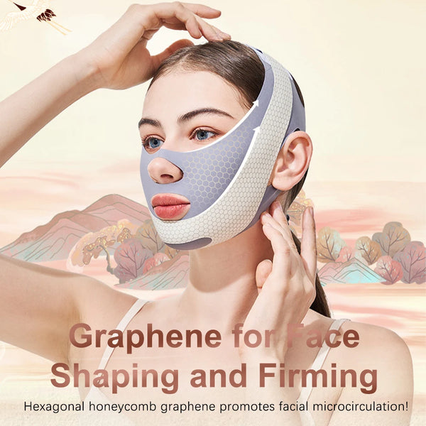 A woman is wearing a purple graphene face mask for shaping and firming facial microcirculation.