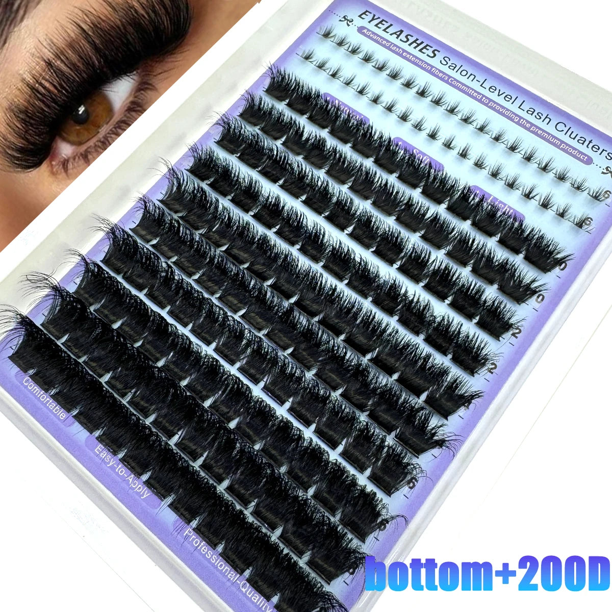 Gros plan de clusters de cils noirs et pointus pour extensions de salon sur un emballage cosmétique.