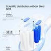 A white precision replacement brush head is shown in a blue holder, demonstrating scientific distribution without blind area.