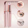 A pink electric eyebrow trimmer shown with close-ups demonstrating its use on eyebrows and facial hair.