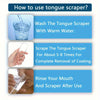 Instructions for using a stainless steel U-shaped tongue scraper, including washing and rinsing steps.