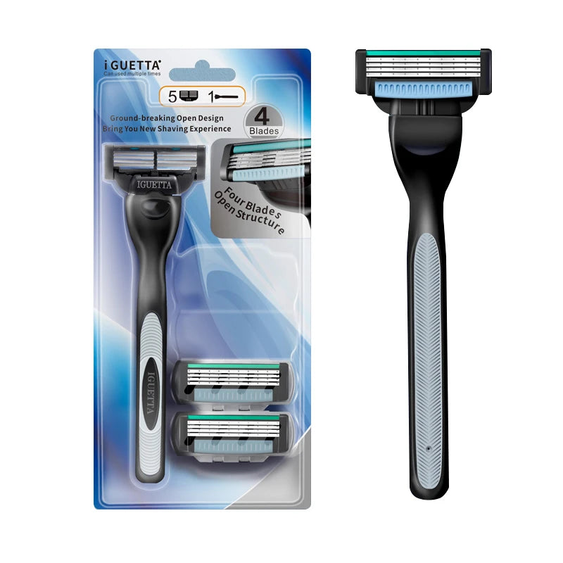 A package of iGUETTA precision replacement razor blade heads and a black grooming tool.