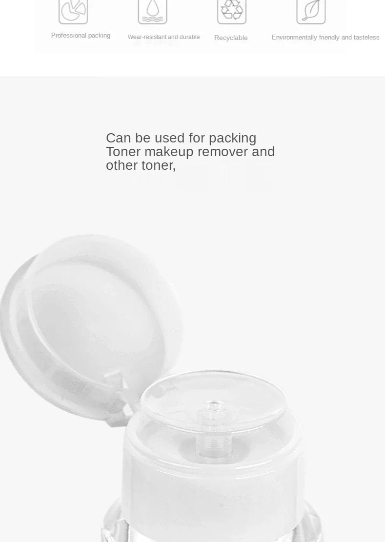 A white refillable push-down pump dispenser bottle for toner or makeup remover.