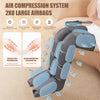 A black air compression leg massager is shown on a person's leg, demonstrating vertical and lateral compression for circulati