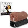 A brown exfoliating loofah sponge is shown next to its packaging featuring an African-inspired design.