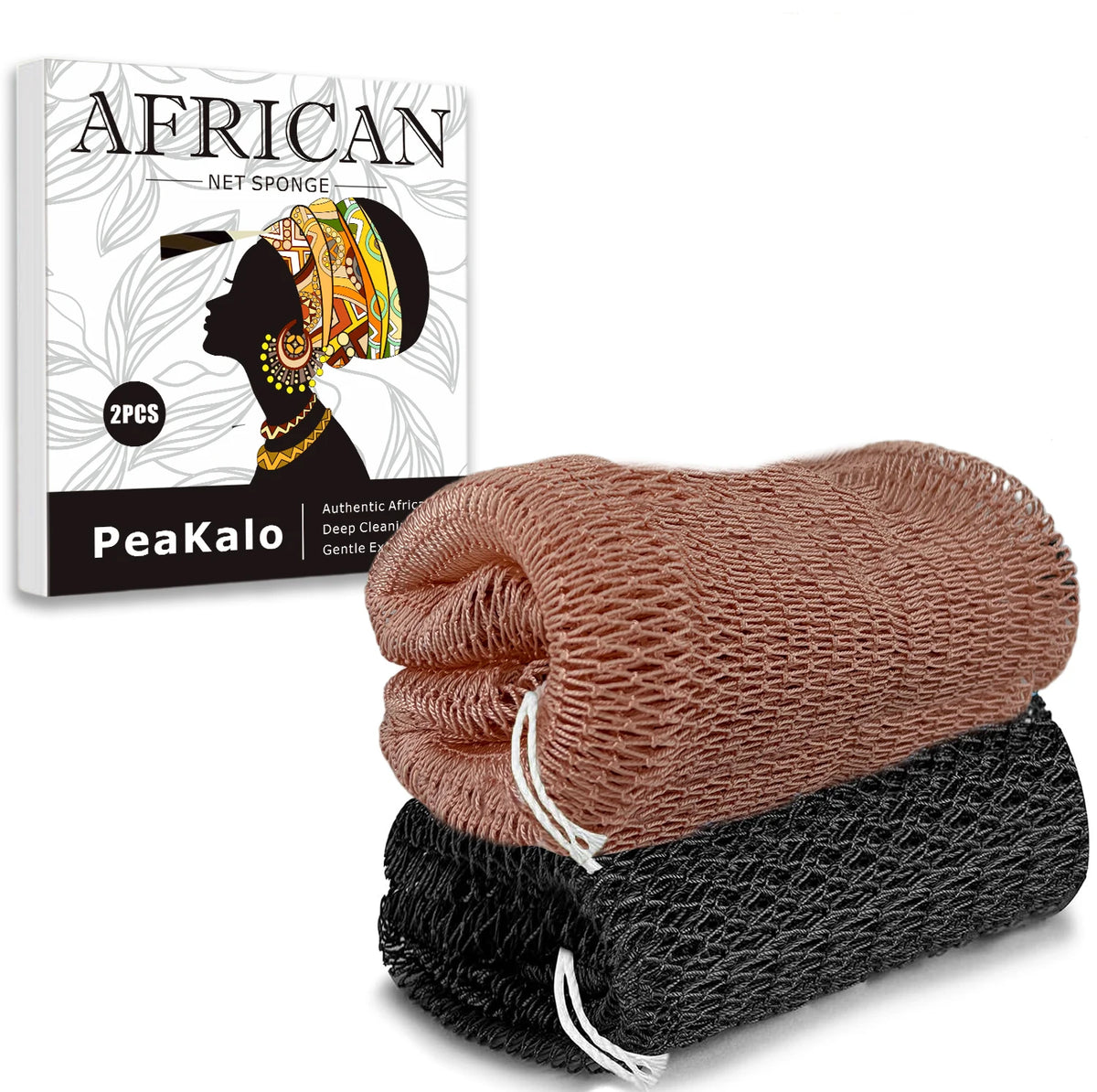 A brown exfoliating loofah sponge is shown next to its packaging featuring an African-inspired design.