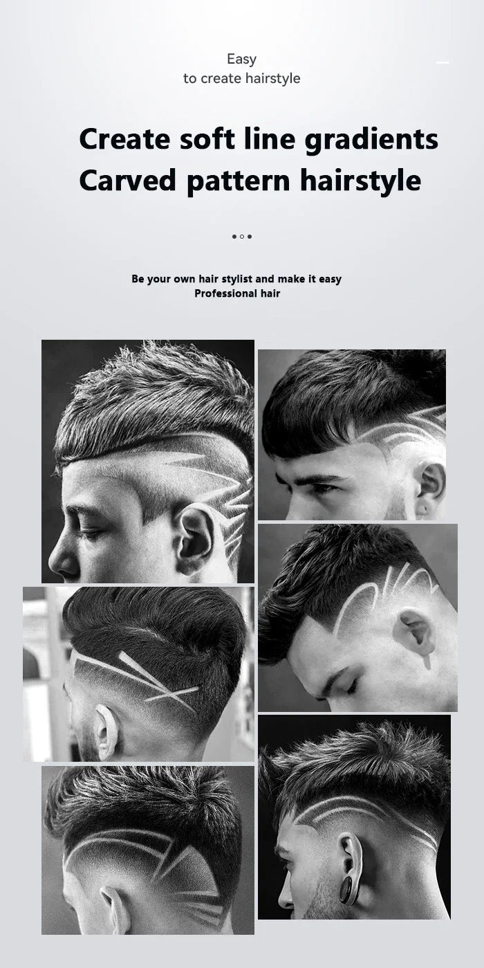 A collage showing various hairstyles featuring soft line gradients and carved patterns on men's hair.