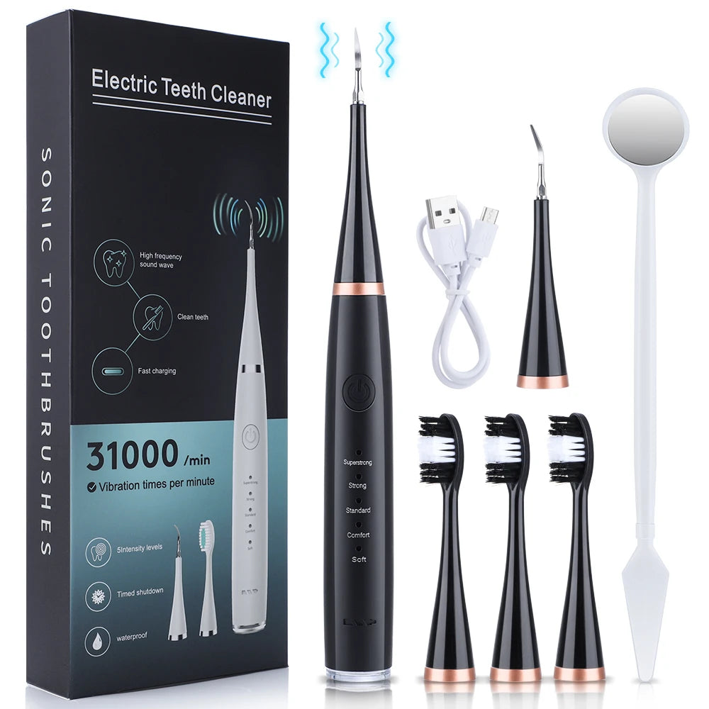 A box and various components of a sonic toothbrush set including the main body, brush heads, and cleaning tools.
