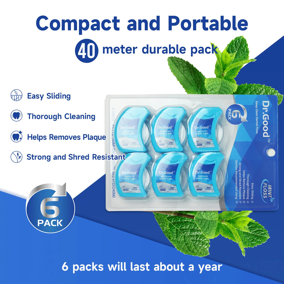 A package of 6 packs of Dr.Good mint floss dental cleaning sticks with a promise of durability and ease of use.