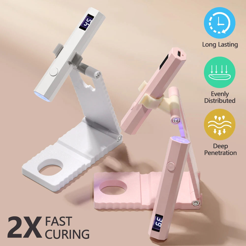 A portable UV nail lamp in pink and white is shown with various components demonstrating long lasting, evenly distributed lig