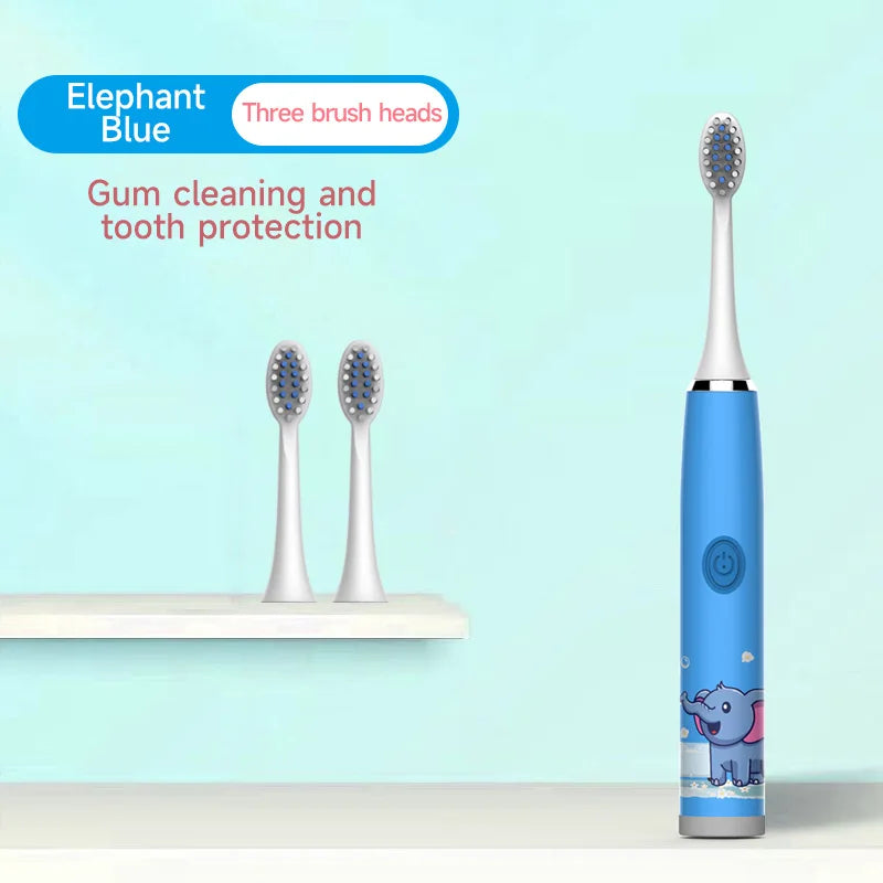 Blue elephant themed electric toothbrush with three brush heads displayed on a white shelf.