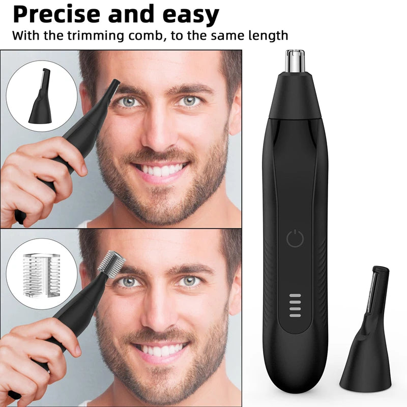 Ein Mann verwendet ein schwarzes Pflegewerkzeug, um Haare an Nase und Augenbrauen präzise und einfach zu trimmen.