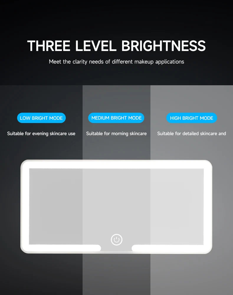 Affichage des trois niveaux de luminosité (Bas, Moyen, Élevé) pour un miroir de vanité multifonction HD.