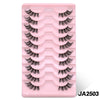 A pink plastic tray holding multiple pairs of clear band cat eye false eyelashes.