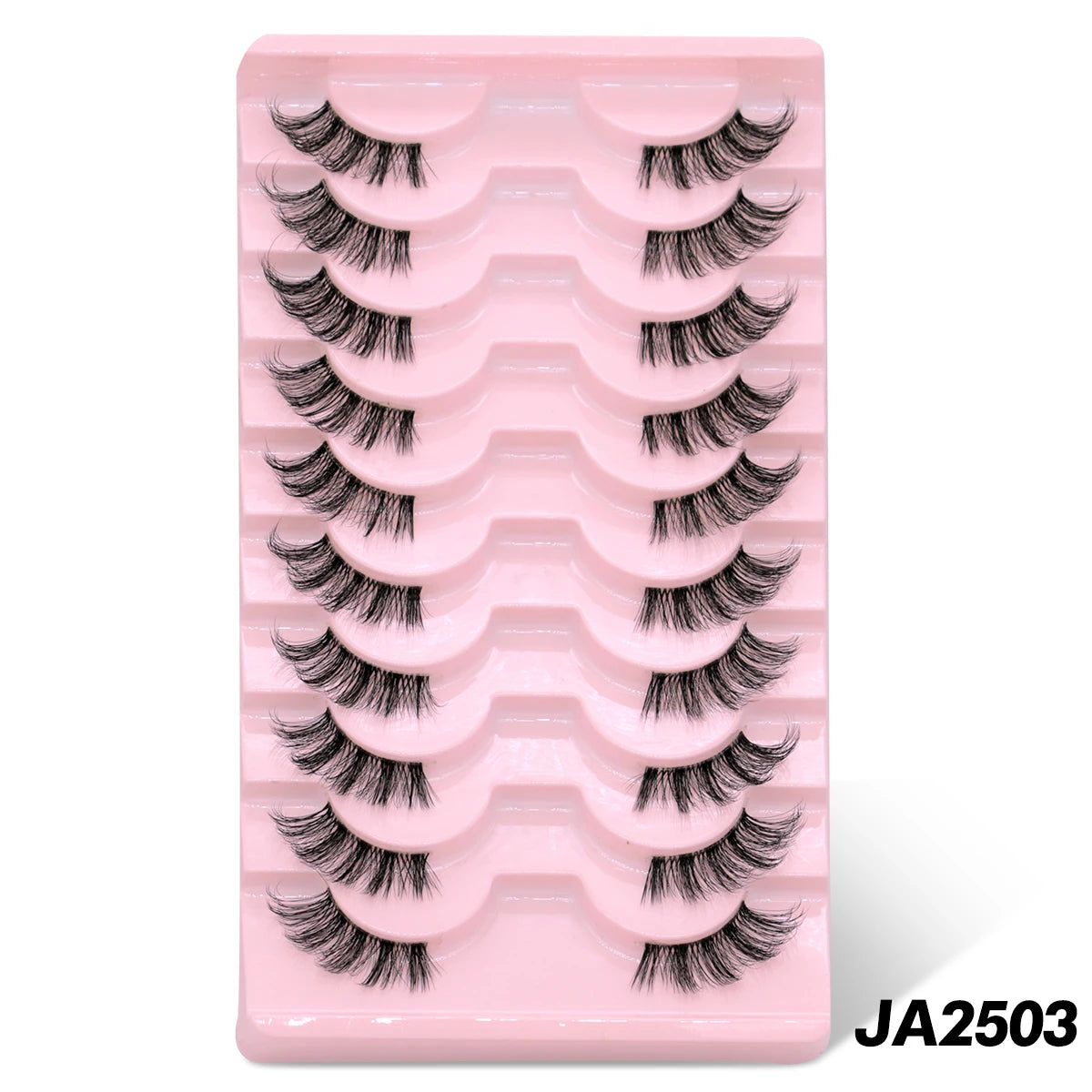 A pink plastic tray holding multiple pairs of clear band cat eye false eyelashes.
