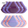 A set of 20 triangular cosmetic powder puffs in various shades of purple and pink.