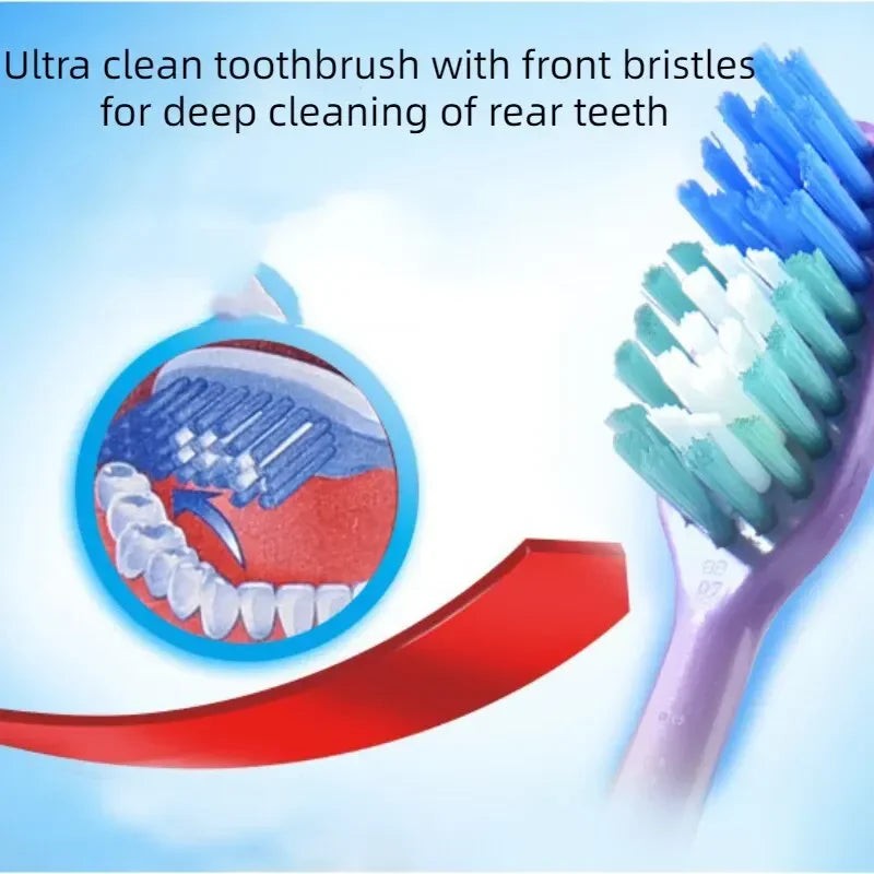 Une brosse à dents violette avec des poils verts à côté d'un schéma illustrant le nettoyage des dents avant et arrière.