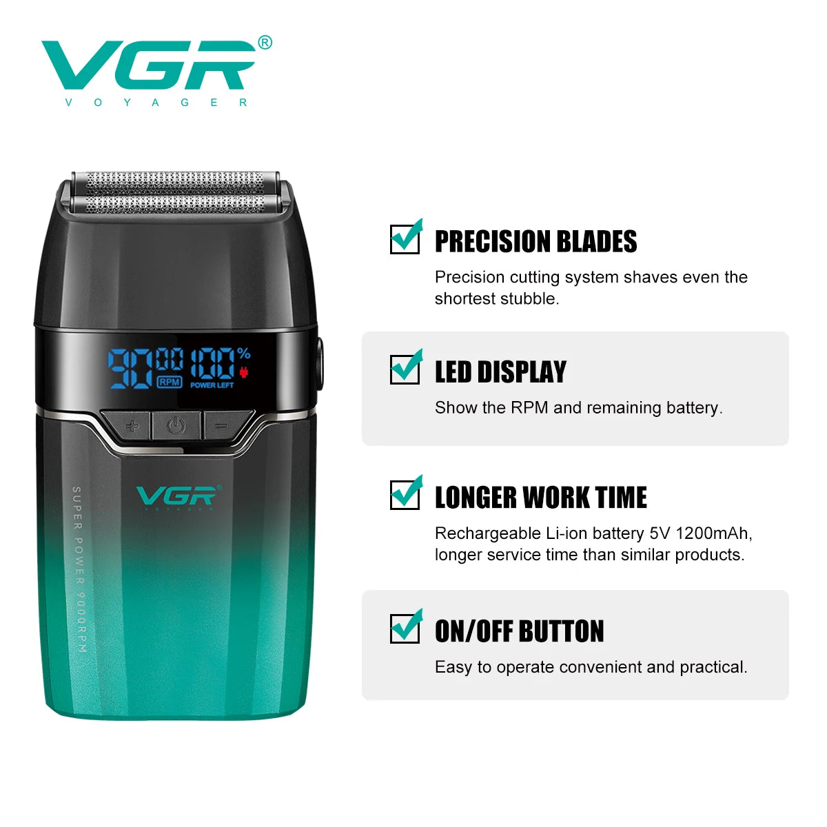 A VGR electric beard trimmer with a black and teal body, showing precision blades, LED display, and on/off button.
