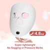 A white facial mask is shown being held by a hand, emphasizing its lightweight and non-sagginess.