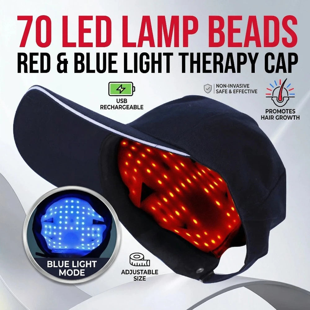 A black cap with red and blue LED light therapy beads is shown, demonstrating the blue light mode.