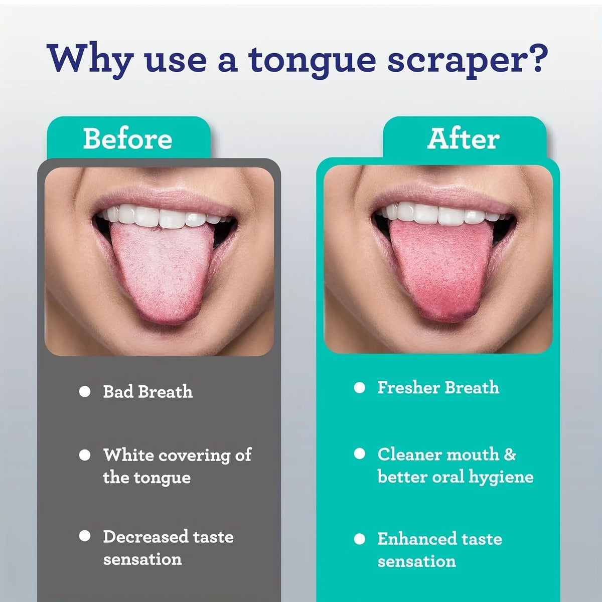 Before and after comparison showing the benefits of using a tongue scraper for better breath and oral hygiene