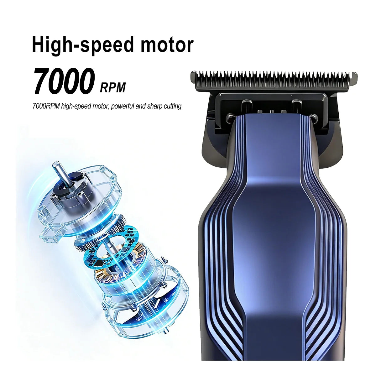A close-up view of a professional high-speed hair trimmer motor and body with precision blades.