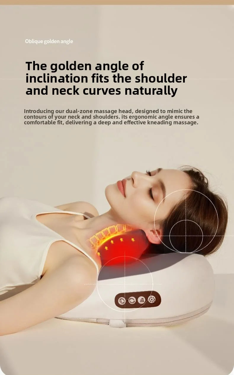 A woman is using a portable shiatsu neck massager pillow for a kneading massage on her shoulder and neck.