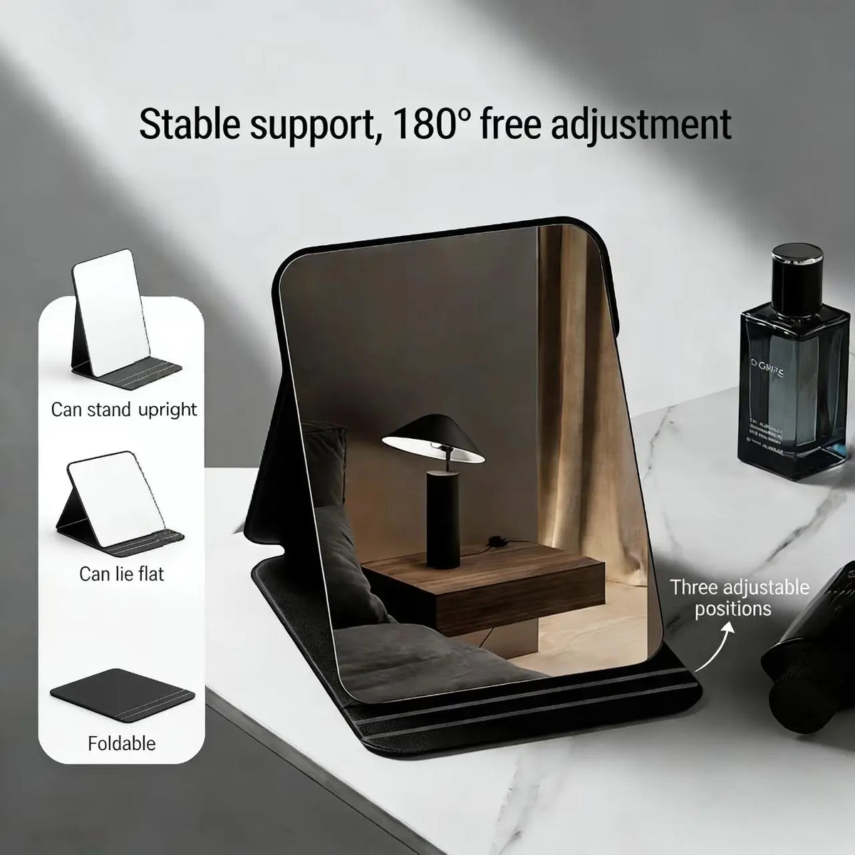 A portable makeup mirror with a foldable design showing three adjustable positions on a marble surface.