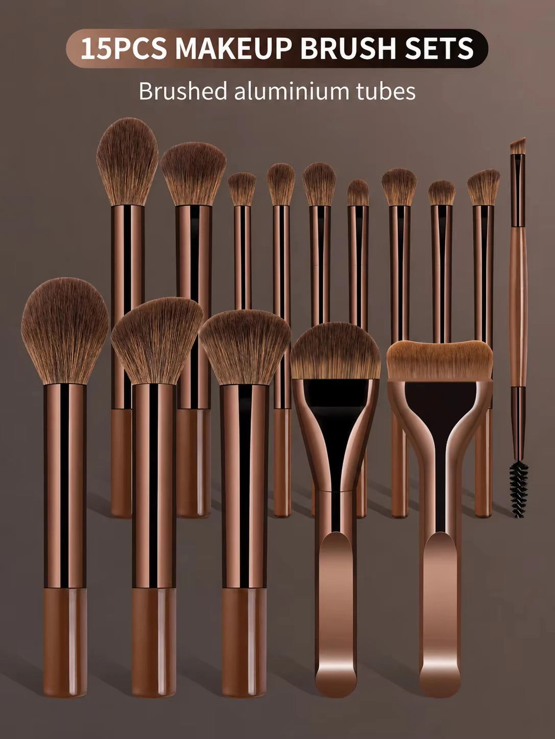 A collection of 15 pieces of brushed aluminum makeup brush sets displayed against a dark background.