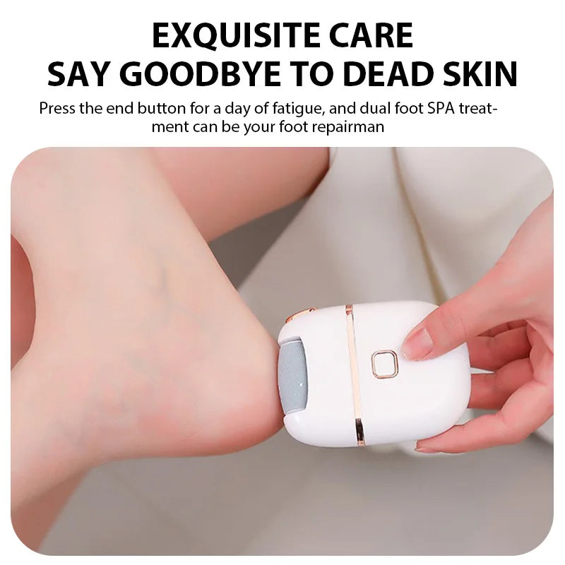 A hand holds a white electric foot device with a silver accent, demonstrating its use for dead skin removal.