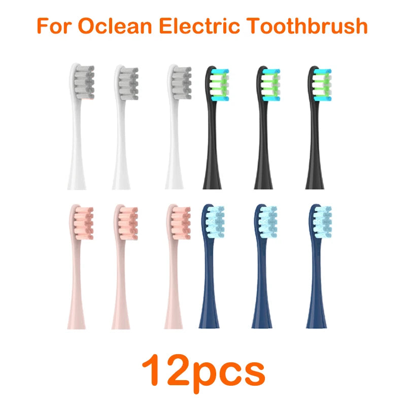 A set of 12 replacement brush heads for an Ocean electric toothbrush in various colors and shapes.