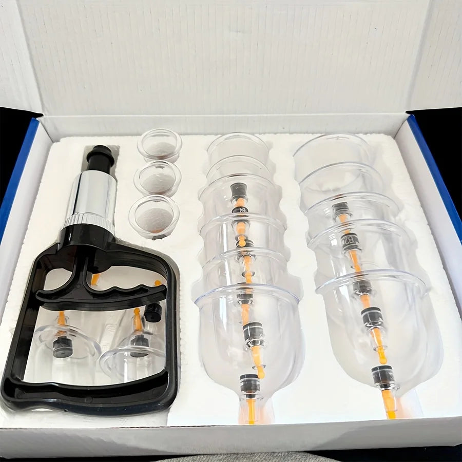 Kit de relajación con 18 vasos de cupping manual, mostrando copas de vidrio y ventosas.