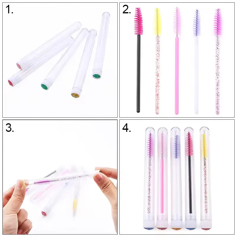 Quatre images montrant des brosses pour recourbe-cils de mascara réutilisables dans différentes couleurs et styles.