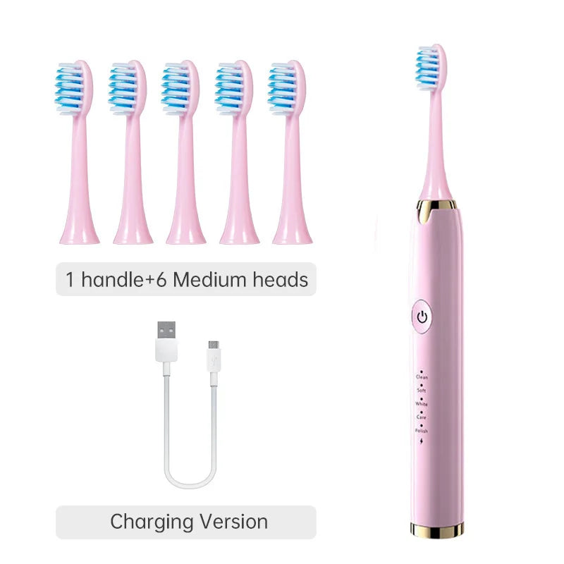 Juego de cepillos de dientes eléctricos ultrasónicos rosa: un mango y seis cabezales medianos, con versión para cargar inclui