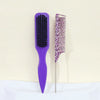 A set of two purple hair combs, one with black bristles and the other with a leopard print design.