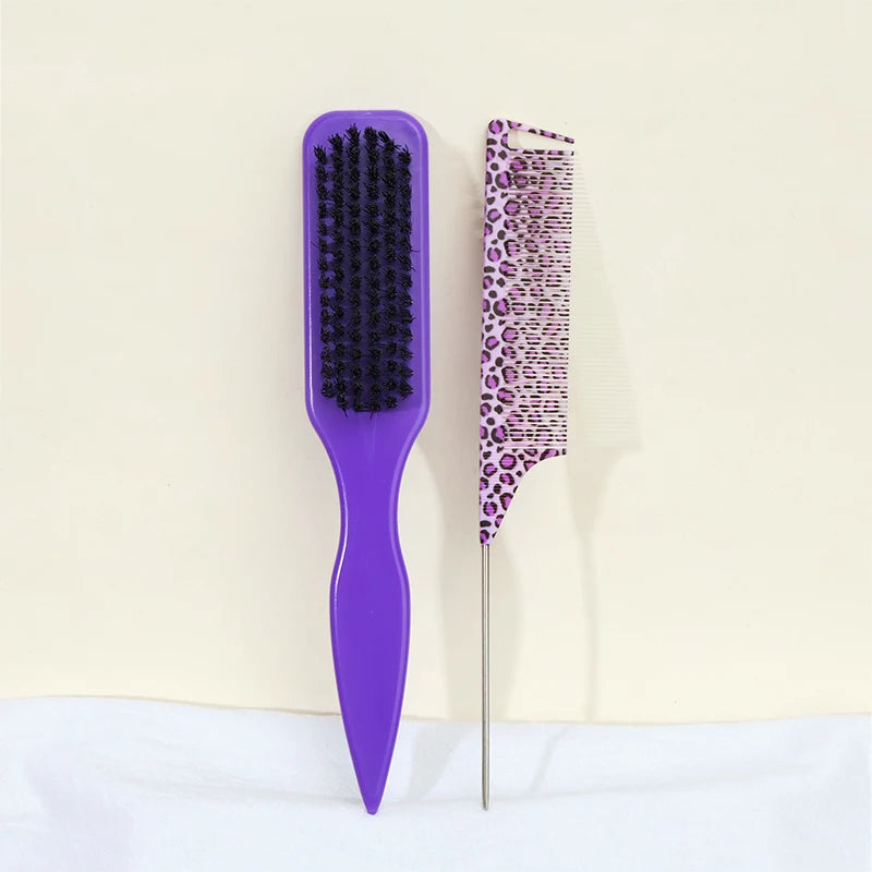 A set of two purple hair combs, one with black bristles and the other with a leopard print design.