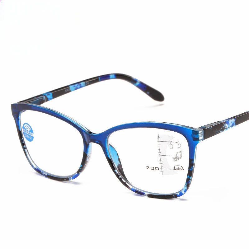 A pair of blue and black progressive multifocal reading glasses with anti-blue light protection