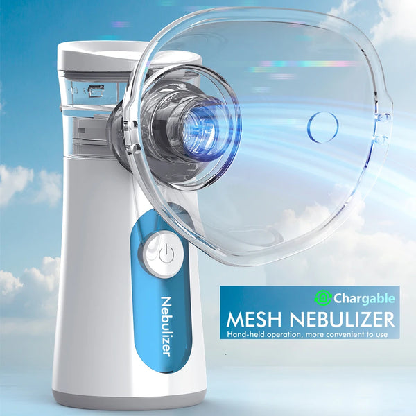 A white handheld mesh nebulizer device with a clear mask is shown against a light blue cloudy background.