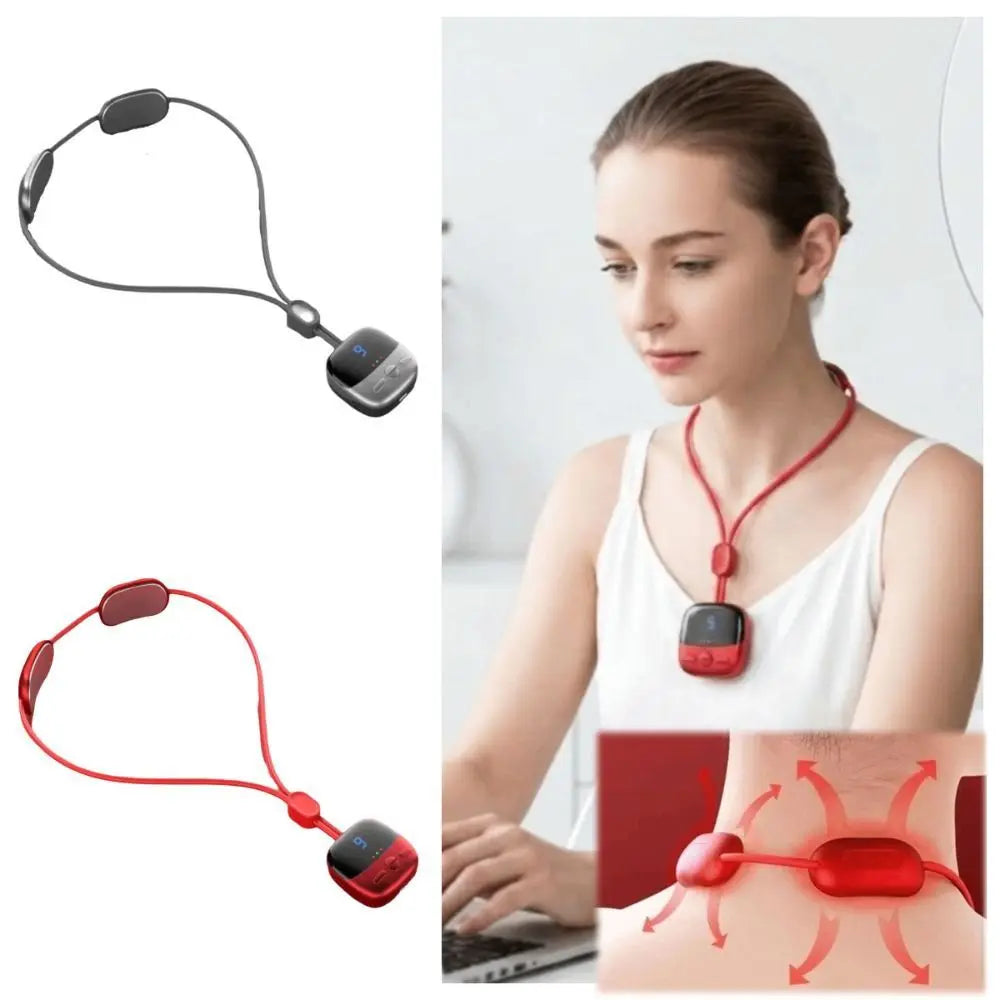 A woman is shown using a red multi-mode wireless cervical spine massager on her neck and shoulder.