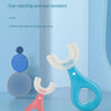 A set of two colorful U-shaped silicone baby toothbrushes displayed against a light blue background.