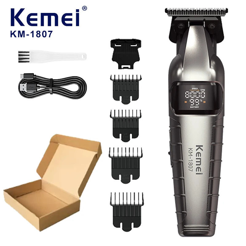 A Kemei KM-1807 professional cordless hair trimmer with various attachments and packaging.