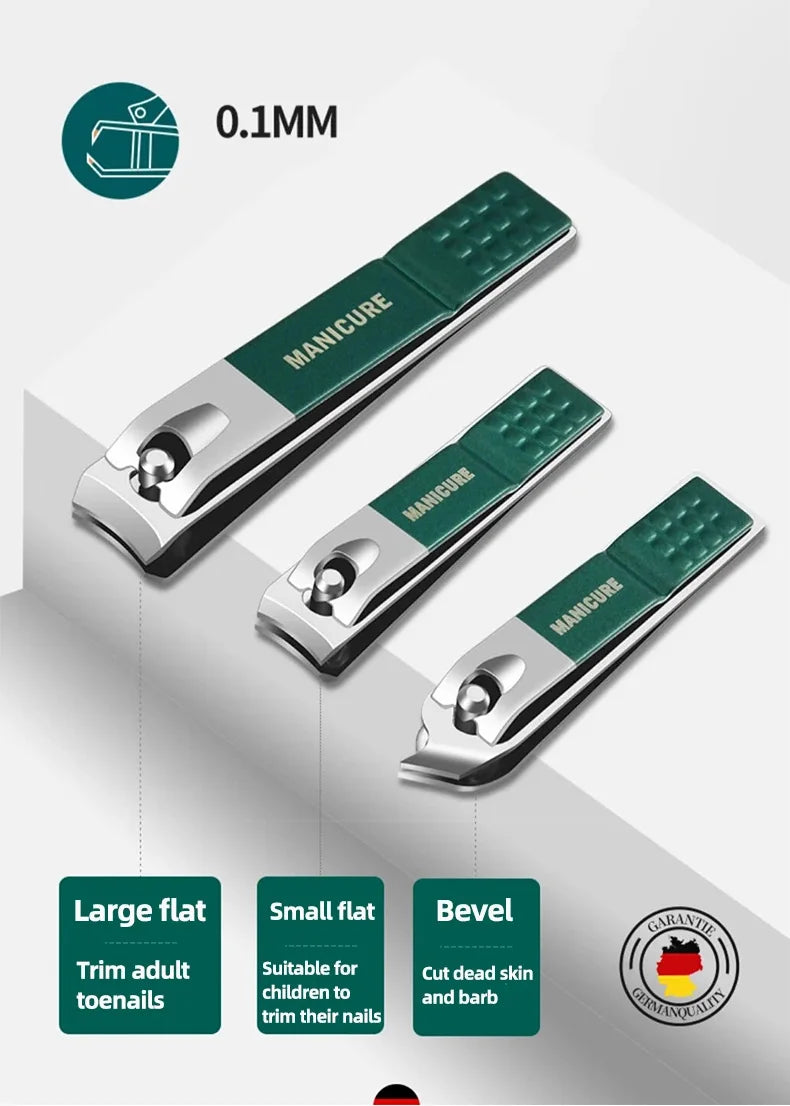 A set of professional stainless steel manicure tools, including large flat, small flat, and bevel tools, shown with a 0.1mm m