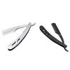 A professional stainless steel straight edge barber razor with a black handle and silver blade.