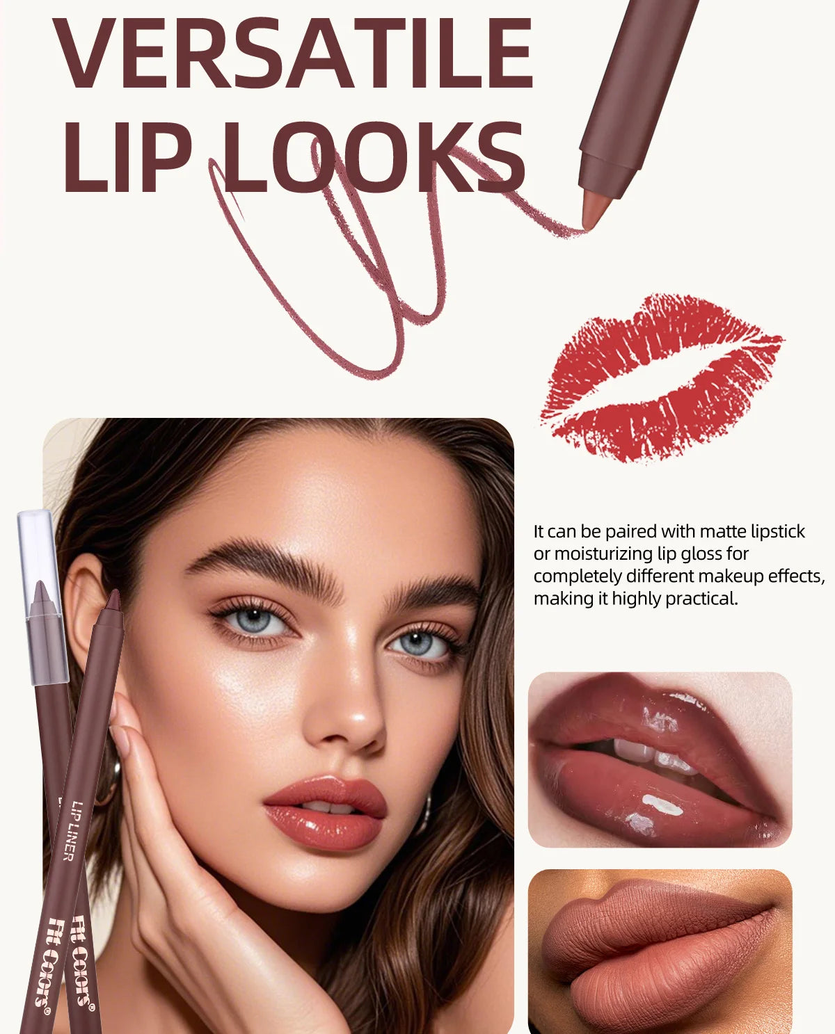 A woman applies a brown lip liner pencil to her lips, demonstrating versatile lip looks.