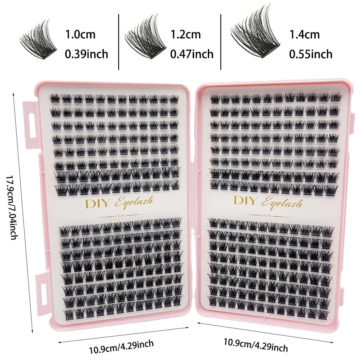Un étui en plastique rose contenant un lot d'extensions de cils individuelles en grappe de différentes longueurs.