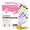 Un paquet de 240 patchs hydrocolloïdes Hitworker pour l'acné, avec divers designs en forme d'étoile.