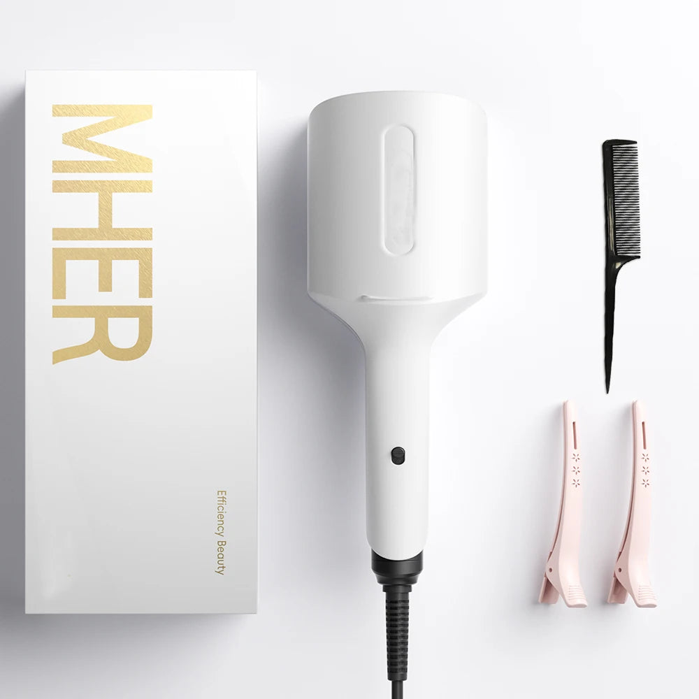 A white professional beach waver curling iron and a black flat iron are displayed next to a gold branded box.