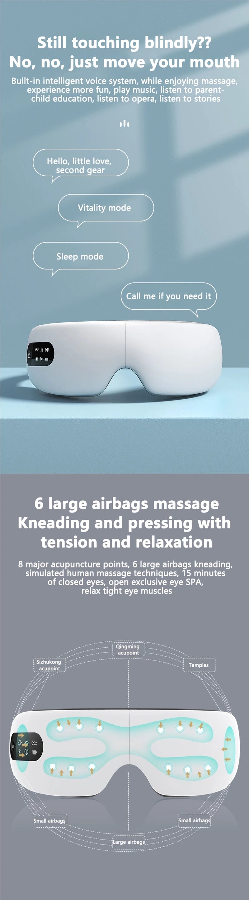 A white eye massager device is shown with various modes and massage points for facial tension and relaxation.