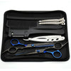 A black case containing professional stainless steel hair cutting scissors and combs.